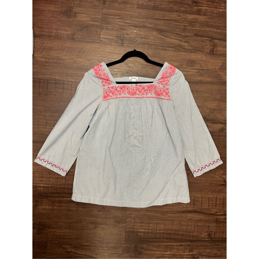 Westport Blue and White Striped Blouse with Pink Accents Size Small